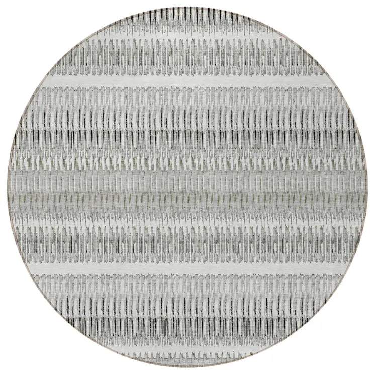 8' Ivory Gray And Taupe Round Striped Washable Indoor Outdoor Area Rug