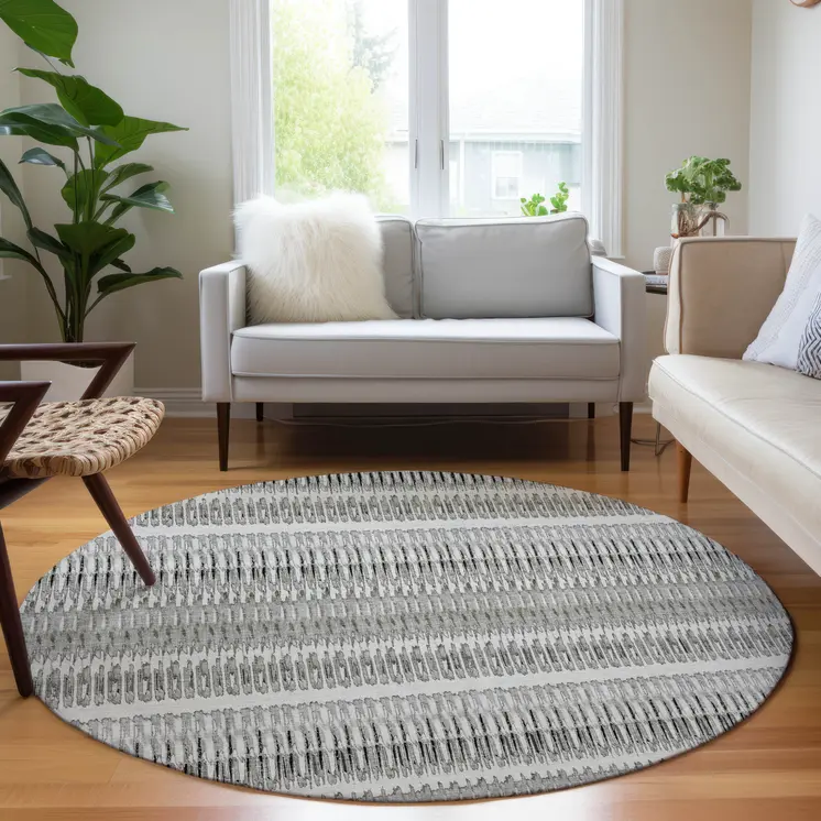 8' Ivory Gray And Taupe Round Striped Washable Indoor Outdoor Area Rug