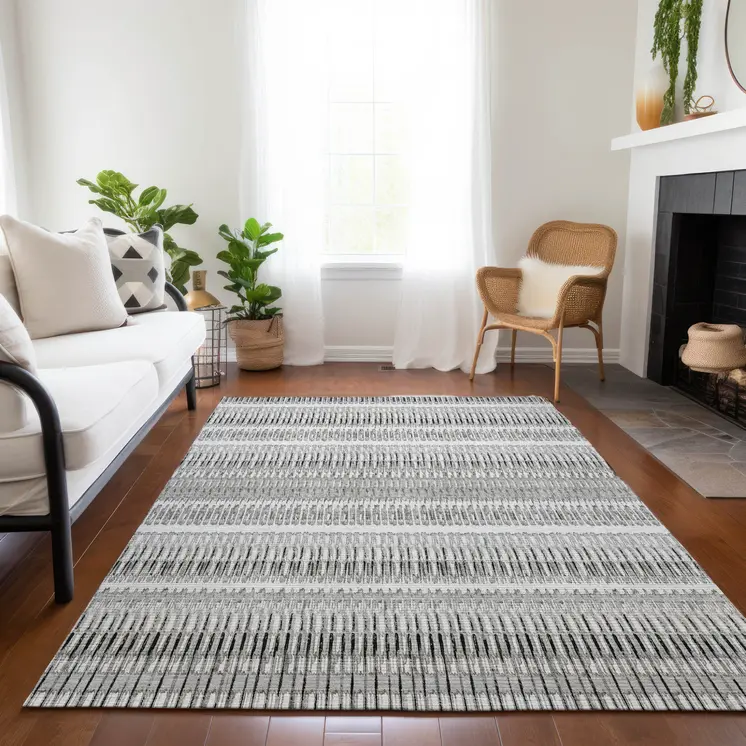 9' X 12' Ivory Gray And Taupe Striped Washable Indoor Outdoor Area Rug