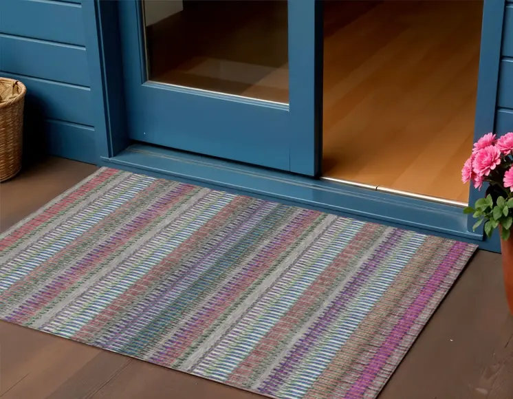 3' X 5' Taupe Purple And Blue Striped Washable Indoor Outdoor Area Rug