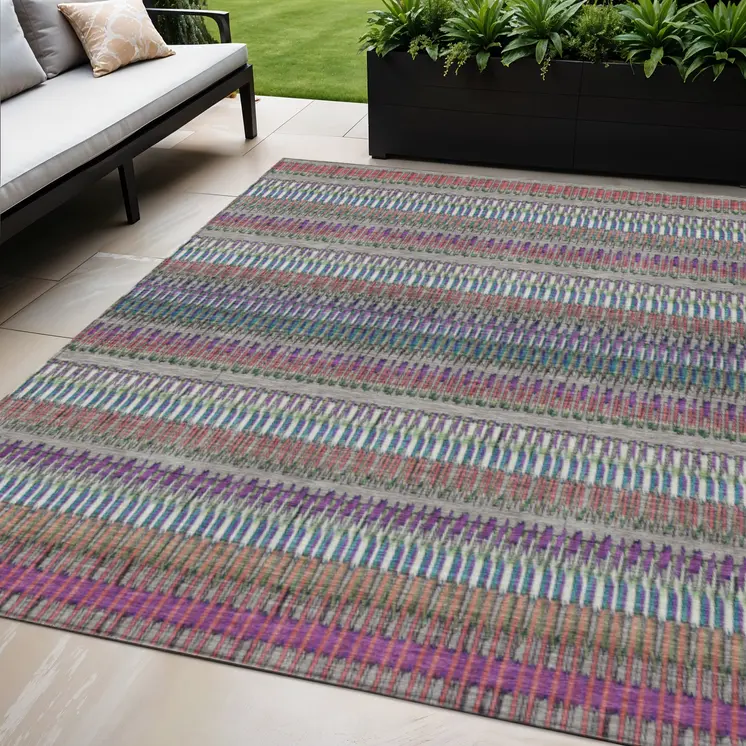 5' X 8' Taupe Purple And Blue Striped Washable Indoor Outdoor Area Rug