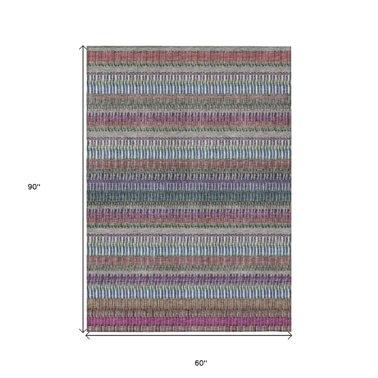 5' X 8' Taupe Purple And Blue Striped Washable Indoor Outdoor Area Rug