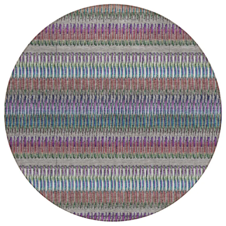 8' Taupe Purple And Blue Round Striped Washable Indoor Outdoor Area Rug