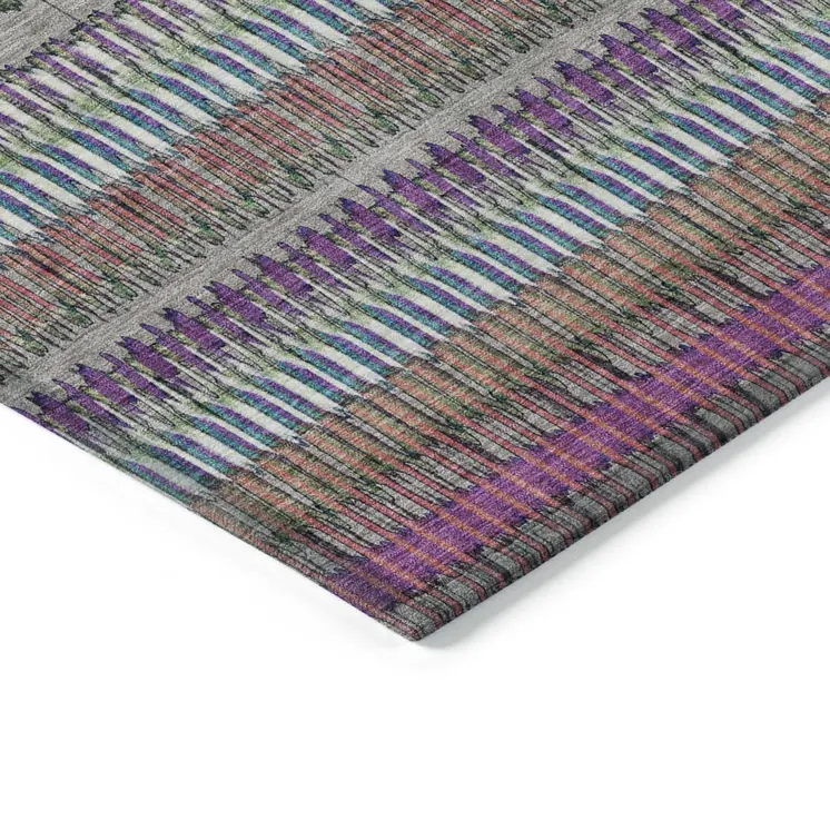 8' Taupe Purple And Blue Round Striped Washable Indoor Outdoor Area Rug