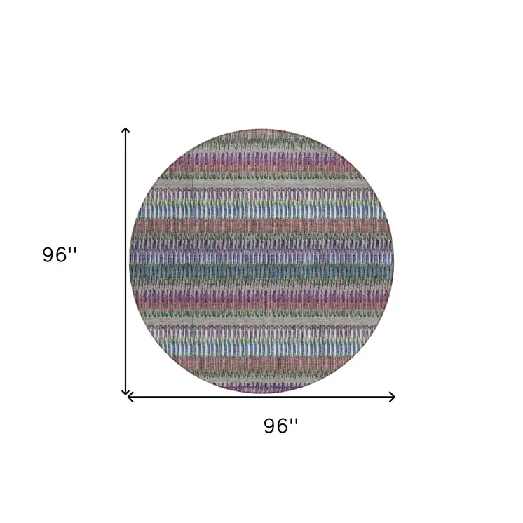 8' Taupe Purple And Blue Round Striped Washable Indoor Outdoor Area Rug