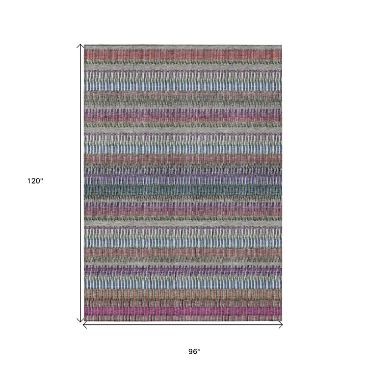 8' X 10' Taupe Purple And Blue Striped Washable Indoor Outdoor Area Rug