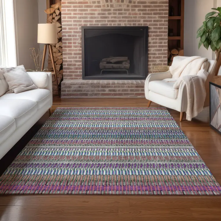 8' X 10' Taupe Purple And Blue Striped Washable Indoor Outdoor Area Rug