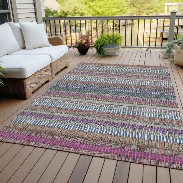 9' X 12' Taupe Purple And Blue Striped Washable Indoor Outdoor Area Rug