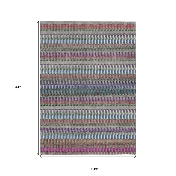 9' X 12' Taupe Purple And Blue Striped Washable Indoor Outdoor Area Rug