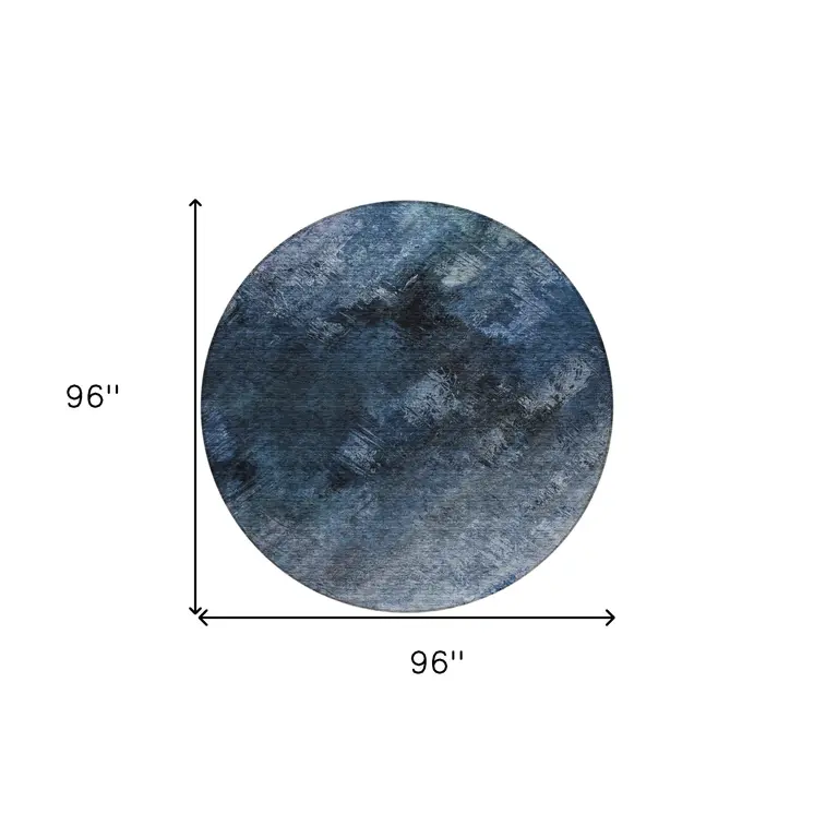 8' Navy Blue And Denim Blue Round Abstract Washable Indoor Outdoor Area Rug