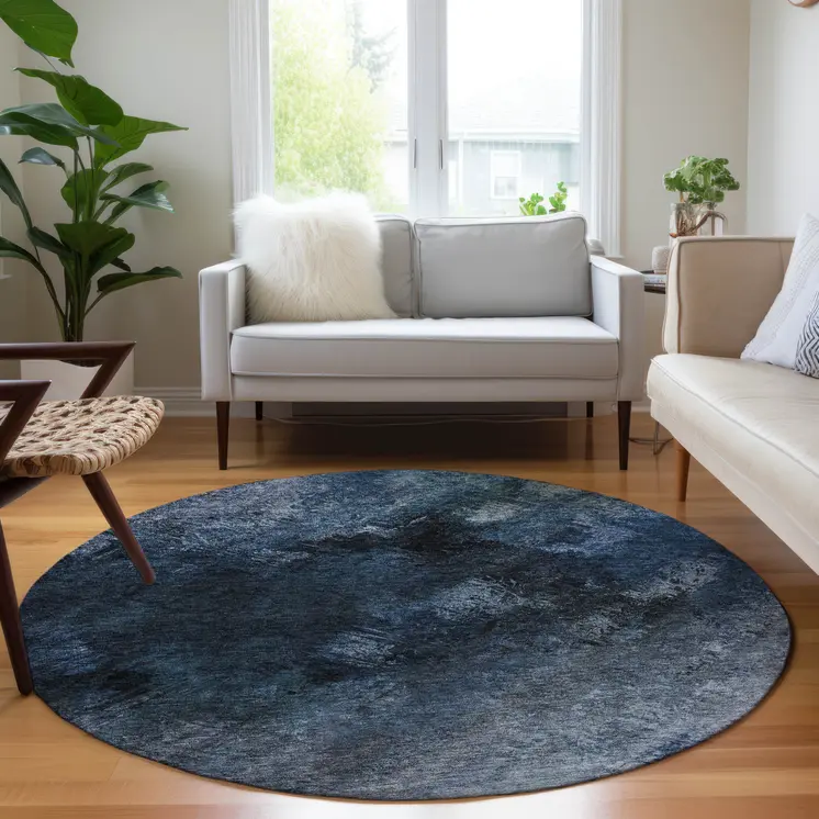 8' Navy Blue And Denim Blue Round Abstract Washable Indoor Outdoor Area Rug