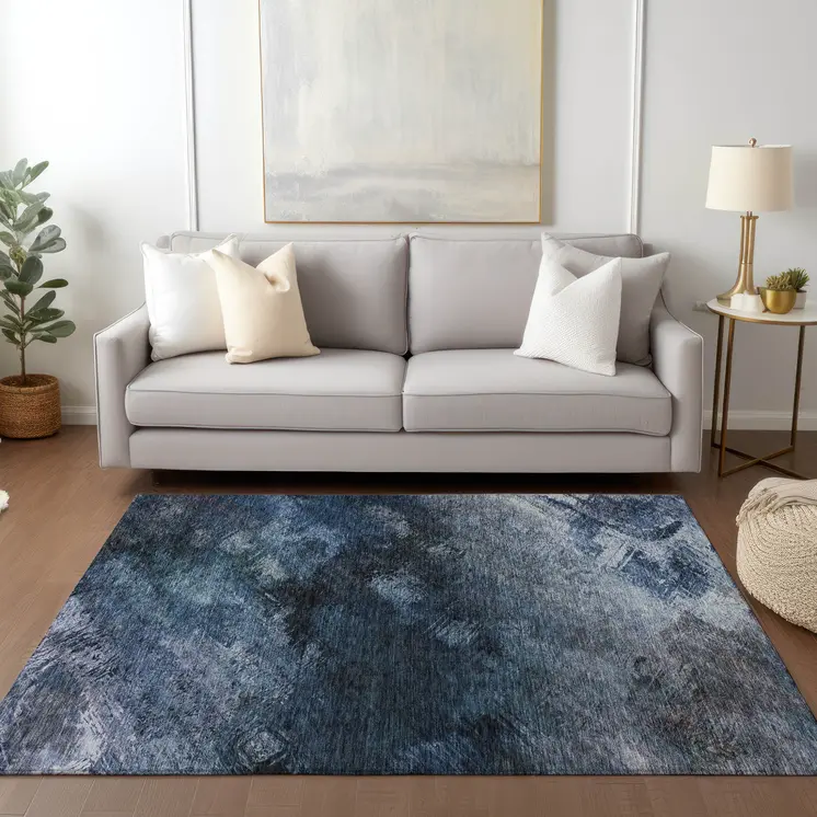 8' X 10' Navy Blue And Denim Blue Abstract Washable Indoor Outdoor Area Rug