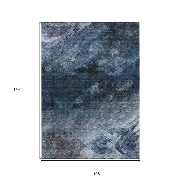 9' X 12' Navy Blue And Denim Blue Abstract Washable Indoor Outdoor Area Rug