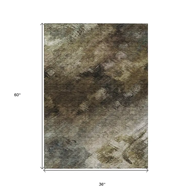 3' X 5' Chocolate And Beige Abstract Washable Indoor Outdoor Area Rug