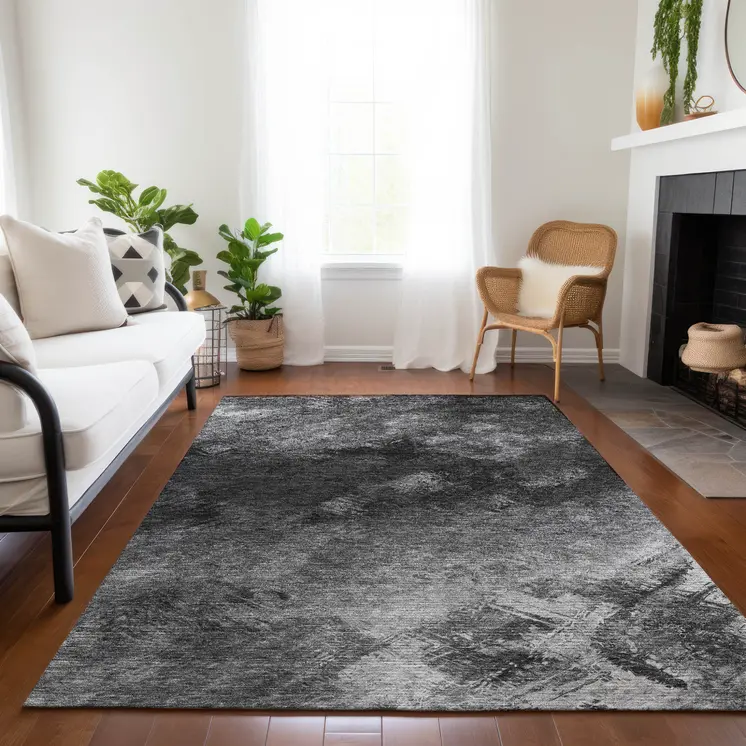 3' X 5' Gray Charcoal And Silver Abstract Washable Indoor Outdoor Area Rug