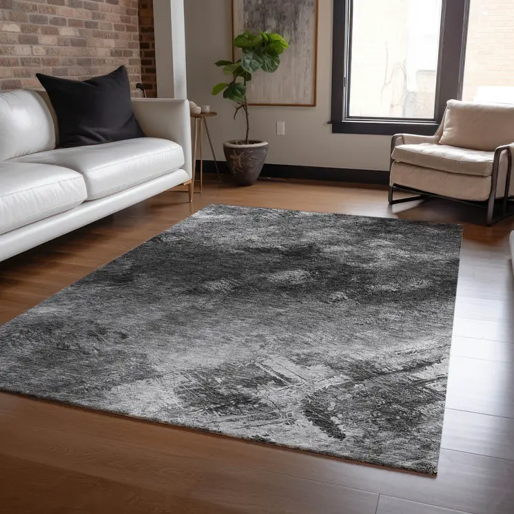 5' X 8' Gray Charcoal And Silver Abstract Washable Indoor Outdoor Area Rug