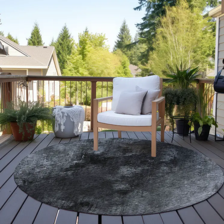 8' Gray Charcoal And Silver Round Abstract Washable Indoor Outdoor Area Rug