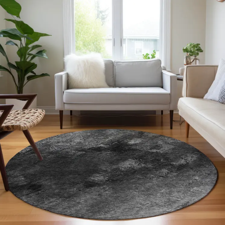 8' Gray Charcoal And Silver Round Abstract Washable Indoor Outdoor Area Rug