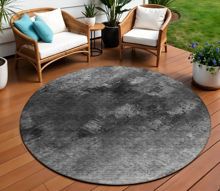 8' Gray Charcoal And Silver Round Abstract Washable Indoor Outdoor Area Rug