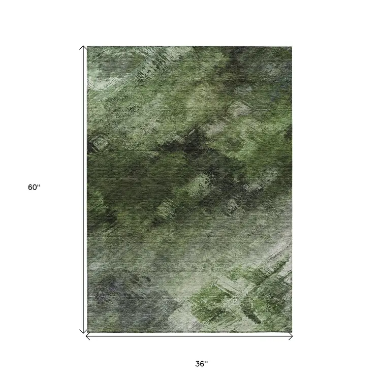3' X 5' Green And Ivory Abstract Washable Indoor Outdoor Area Rug