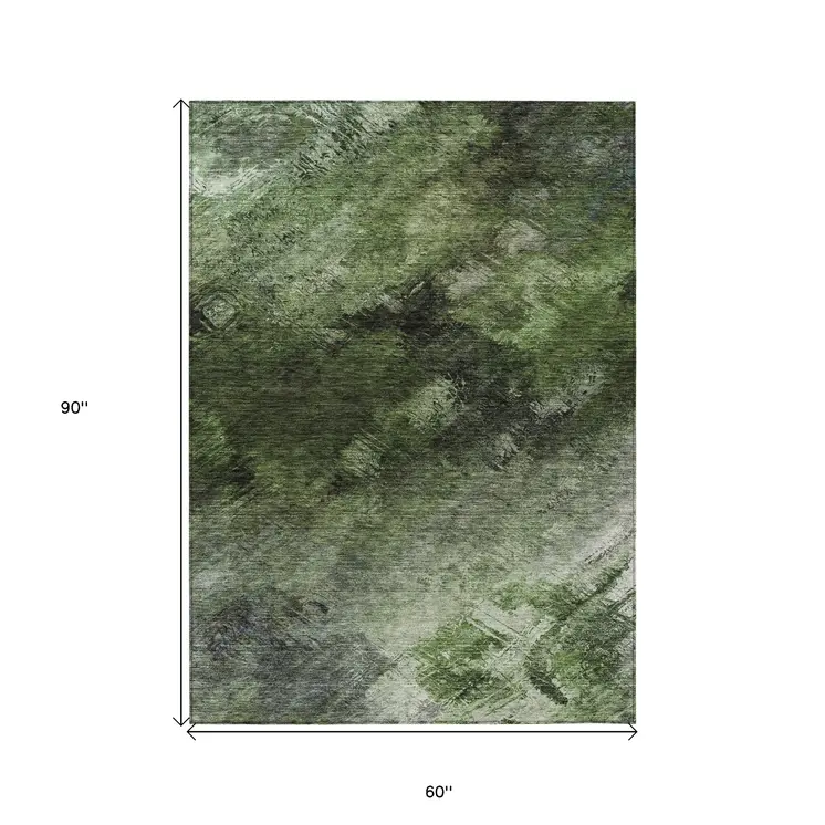 5' X 8' Green And Ivory Abstract Washable Indoor Outdoor Area Rug