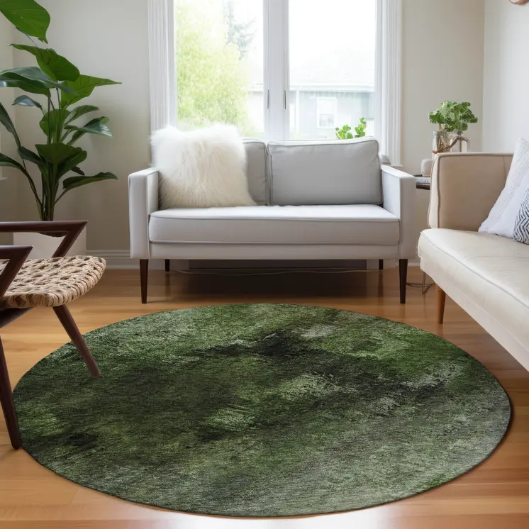 8' Green And Ivory Round Abstract Washable Indoor Outdoor Area Rug