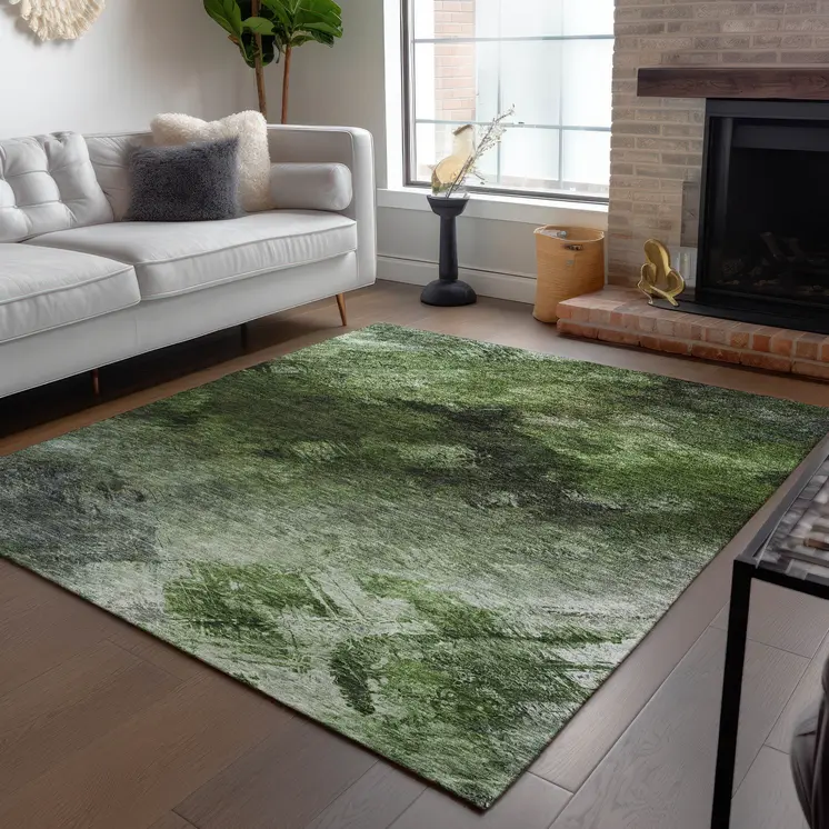 8' X 10' Green And Ivory Abstract Washable Indoor Outdoor Area Rug