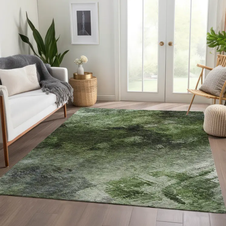 10' X 14' Green And Ivory Abstract Washable Indoor Outdoor Area Rug