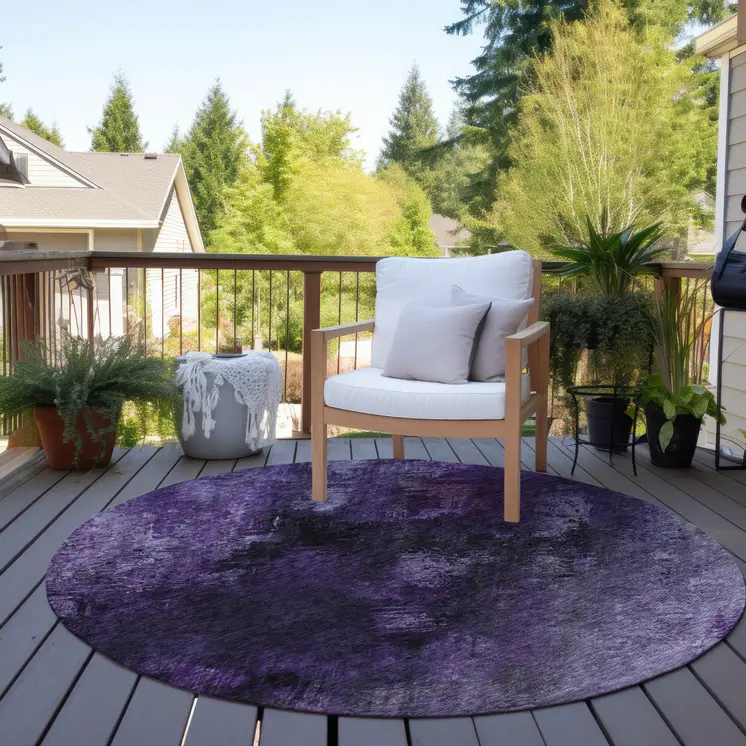 8' Purple Eggplant And Lavender Round Abstract Washable Indoor Outdoor Area Rug