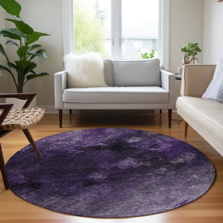 8' Purple Eggplant And Lavender Round Abstract Washable Indoor Outdoor Area Rug