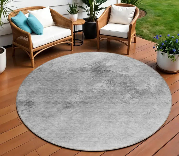 8' Silver Gray And Ivory Round Abstract Washable Indoor Outdoor Area Rug