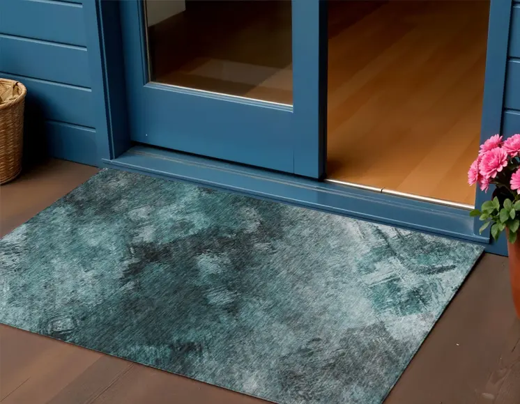 3' X 5' Teal Blue Aqua And Gray Abstract Washable Indoor Outdoor Area Rug