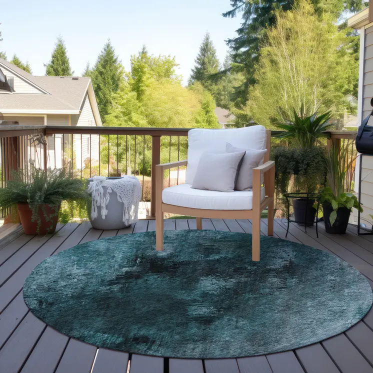 8' Teal Blue Aqua And Gray Round Abstract Washable Indoor Outdoor Area Rug
