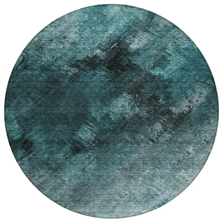 8' Teal Blue Aqua And Gray Round Abstract Washable Indoor Outdoor Area Rug