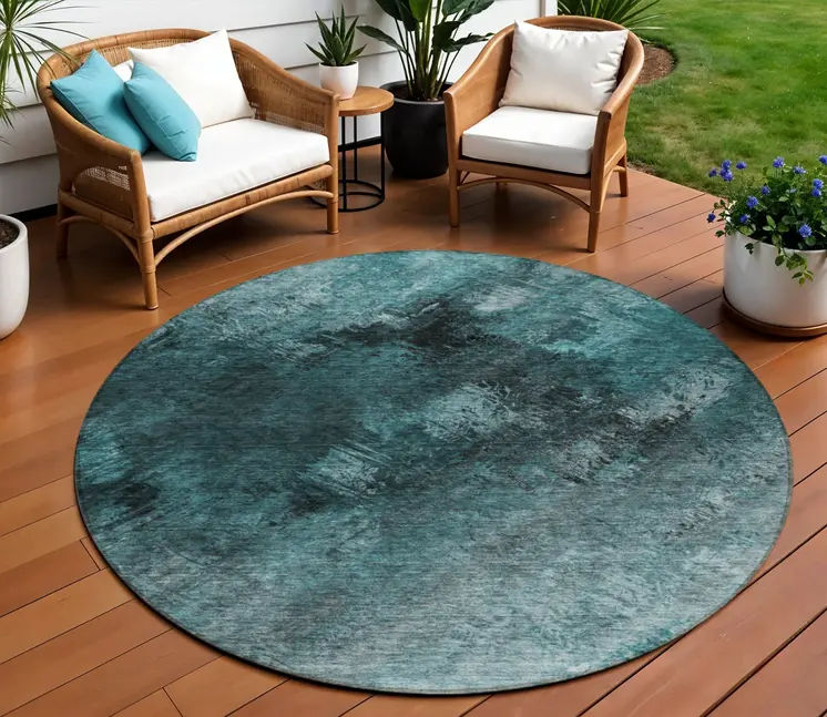 8' Teal Blue Aqua And Gray Round Abstract Washable Indoor Outdoor Area Rug