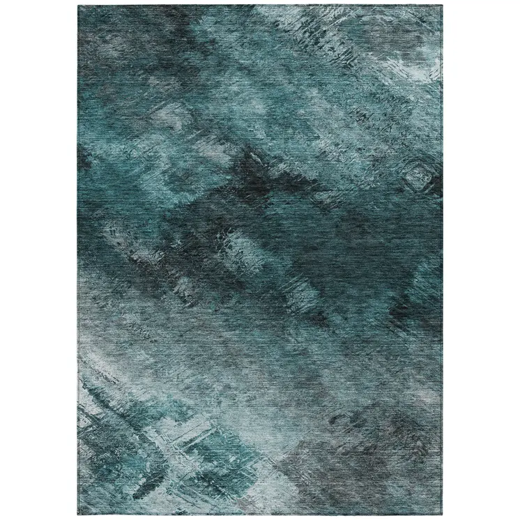 8' X 10' Teal Blue Aqua And Gray Abstract Washable Indoor Outdoor Area Rug