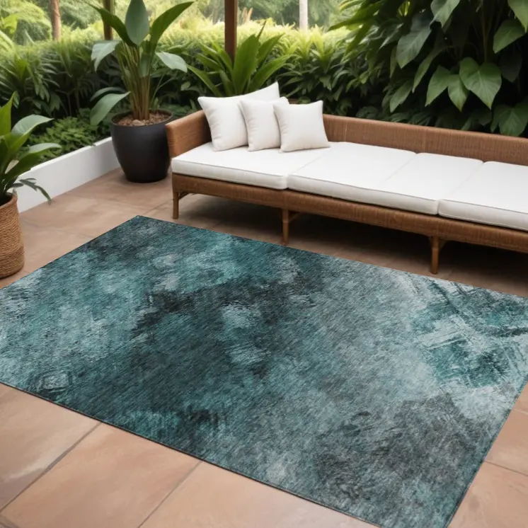8' X 10' Teal Blue Aqua And Gray Abstract Washable Indoor Outdoor Area Rug