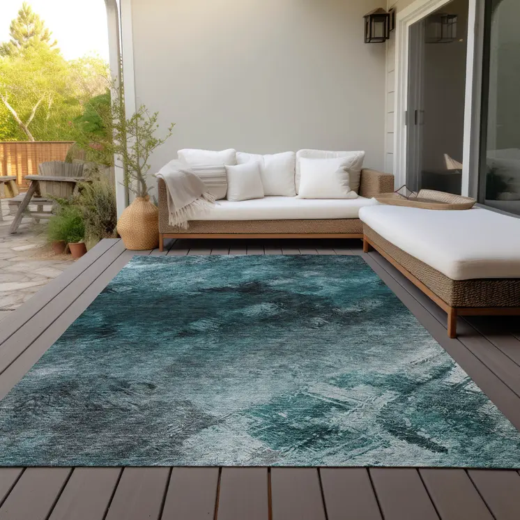 8' X 10' Teal Blue Aqua And Gray Abstract Washable Indoor Outdoor Area Rug