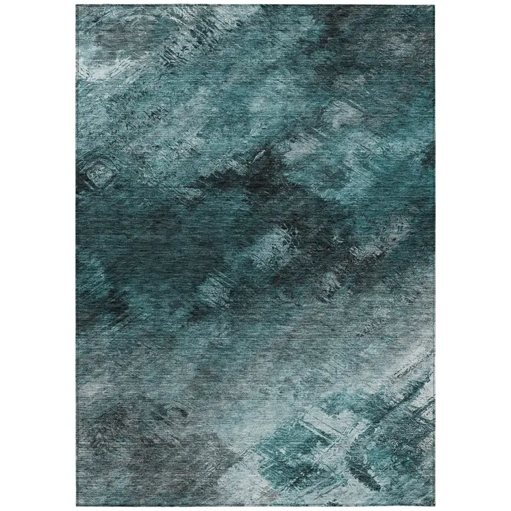8' X 10' Teal Blue Aqua And Gray Abstract Washable Indoor Outdoor Area Rug