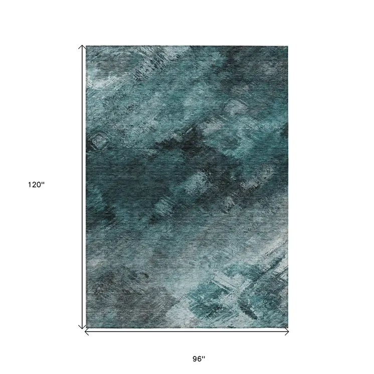 8' X 10' Teal Blue Aqua And Gray Abstract Washable Indoor Outdoor Area Rug