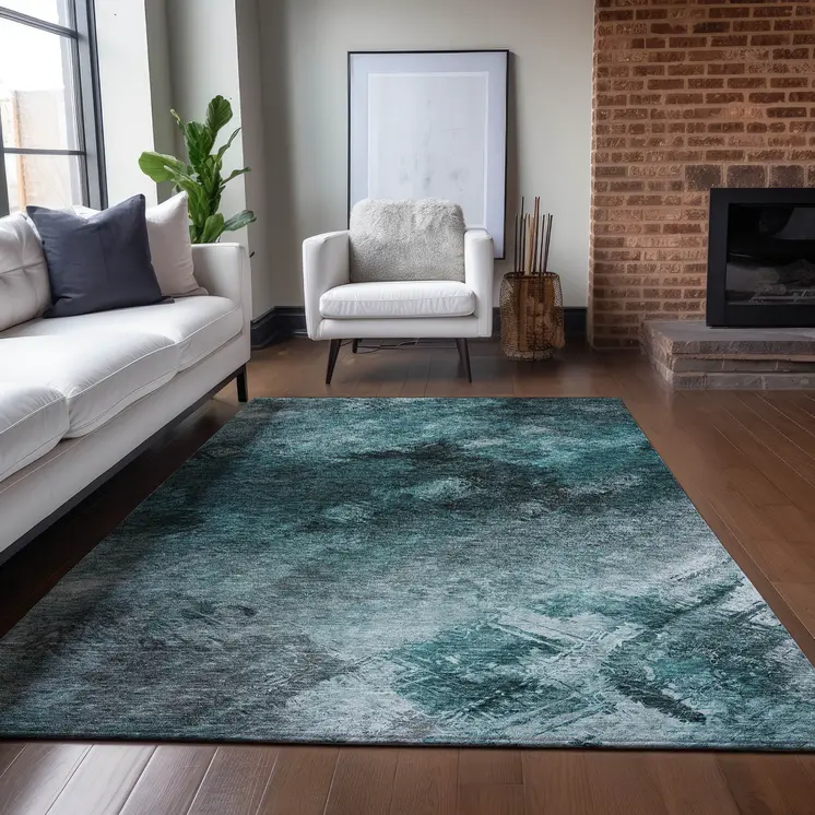 8' X 10' Teal Blue Aqua And Gray Abstract Washable Indoor Outdoor Area Rug
