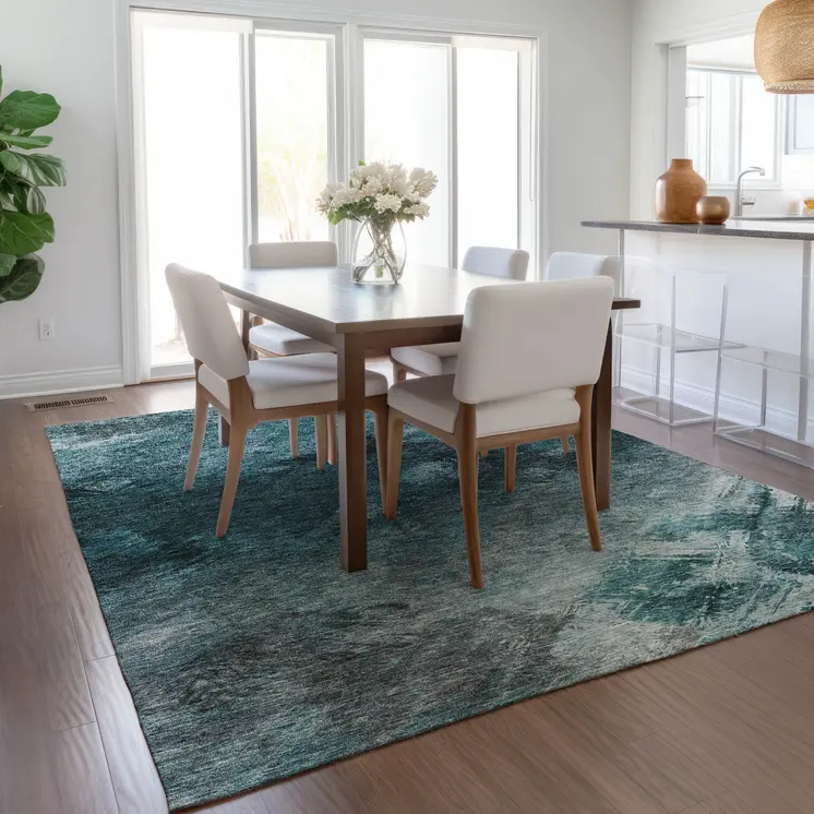 8' X 10' Teal Blue Aqua And Gray Abstract Washable Indoor Outdoor Area Rug
