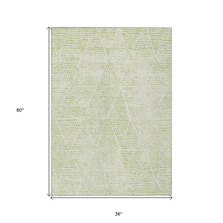 3' X 5' Artichoke Green And Ivory Geometric Washable Indoor Outdoor Area Rug