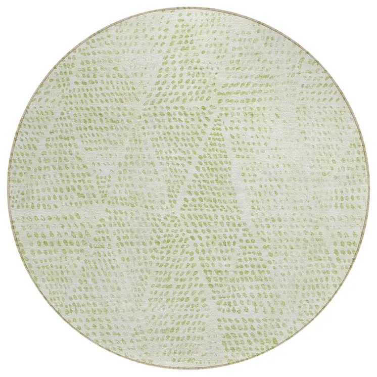 8' Artichoke Green And Ivory Round Geometric Washable Indoor Outdoor Area Rug