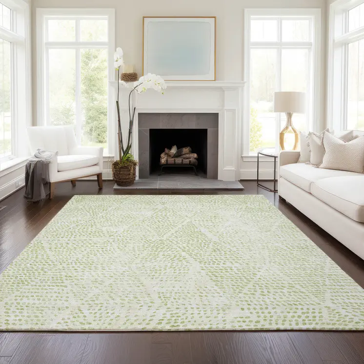 9' X 12' Artichoke Green And Ivory Geometric Washable Indoor Outdoor Area Rug