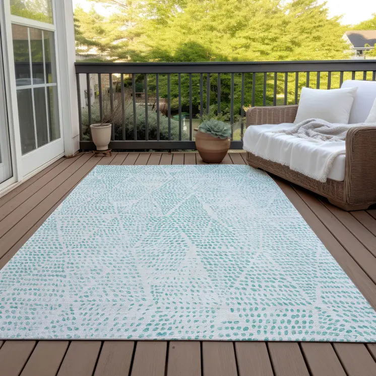 5' X 8' Aqua And Ivory Geometric Washable Indoor Outdoor Area Rug