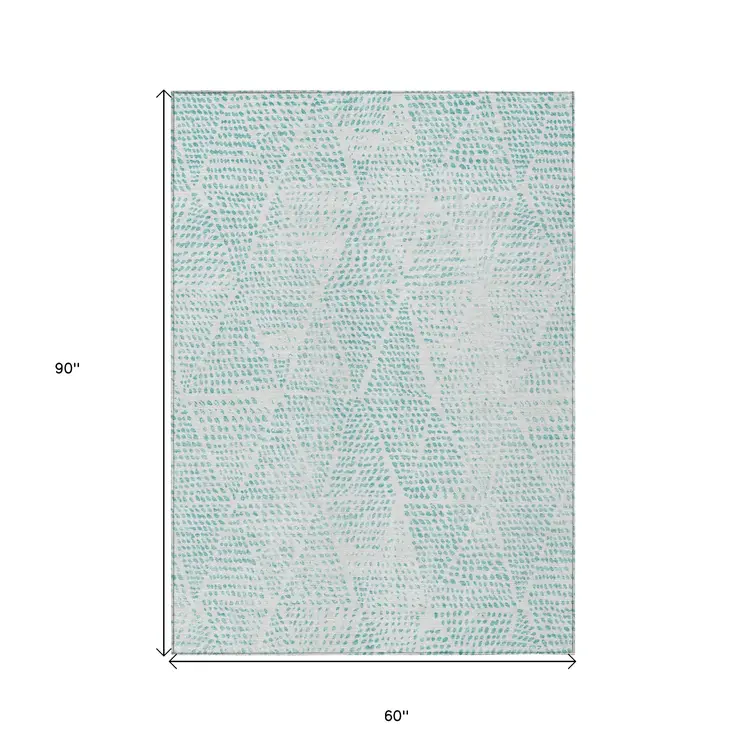 5' X 8' Aqua And Ivory Geometric Washable Indoor Outdoor Area Rug