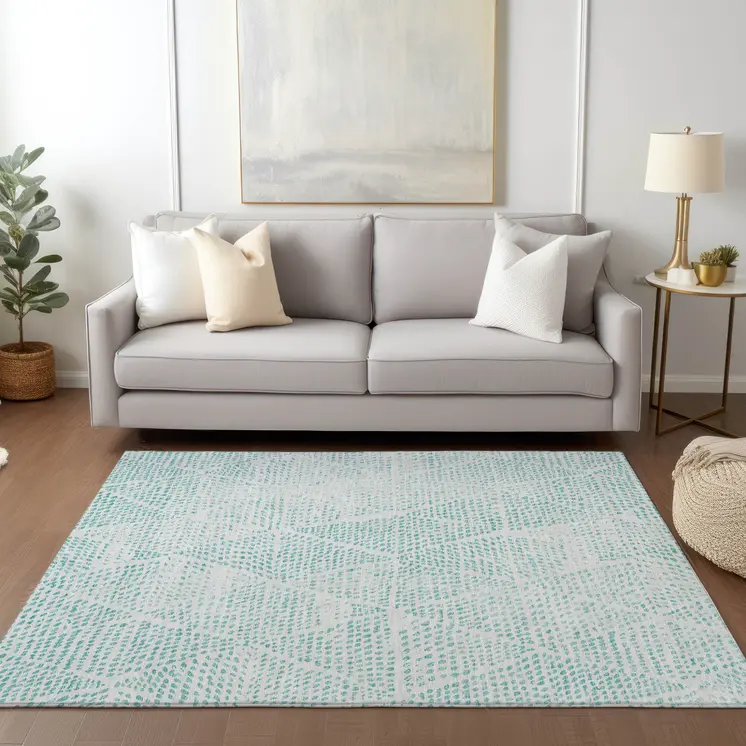 5' X 8' Aqua And Ivory Geometric Washable Indoor Outdoor Area Rug