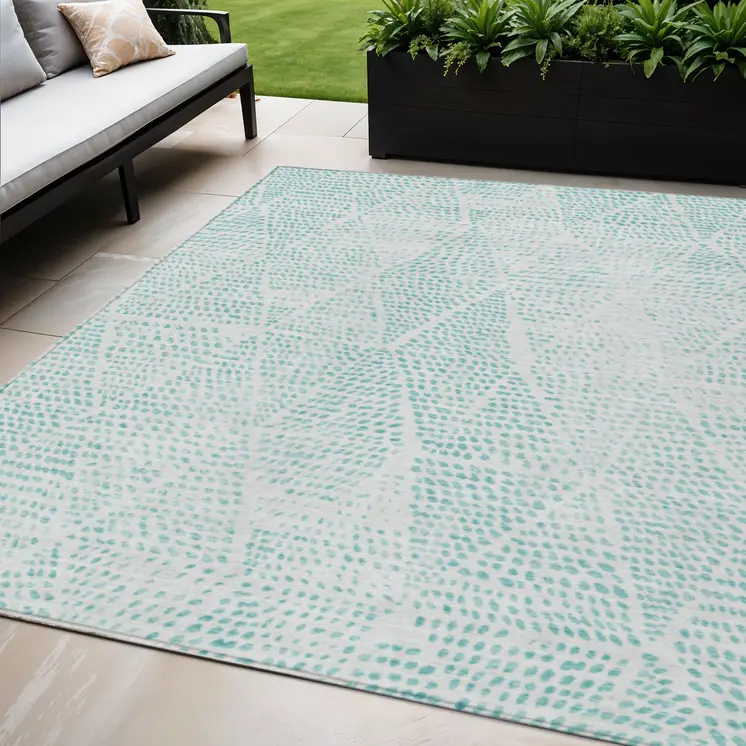 5' X 8' Aqua And Ivory Geometric Washable Indoor Outdoor Area Rug