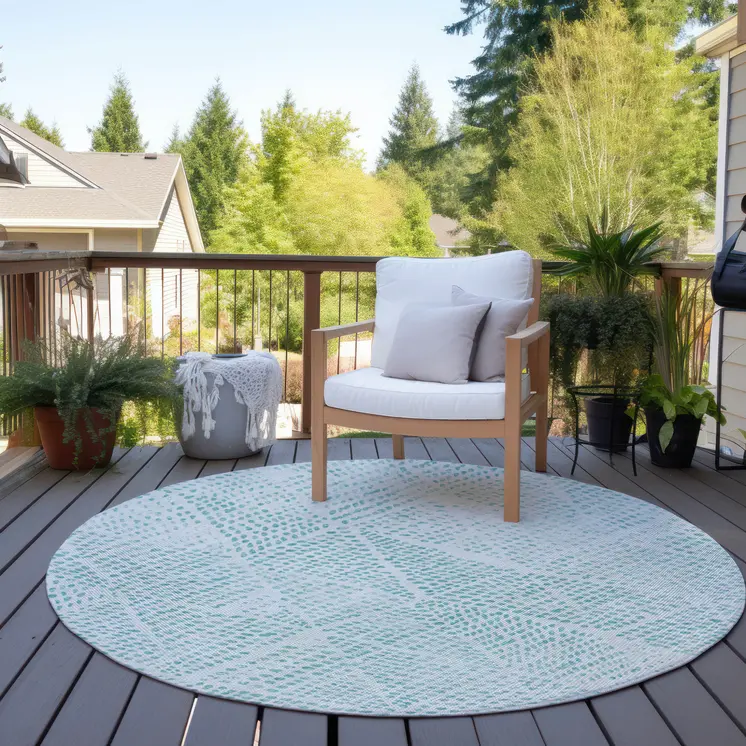 8' Aqua And Ivory Round Geometric Washable Indoor Outdoor Area Rug